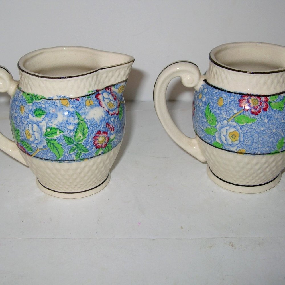 Lot of 2 Vintage Creamer Blue & Cream Floral Chintz Japan Hand Paint KKS CO 431